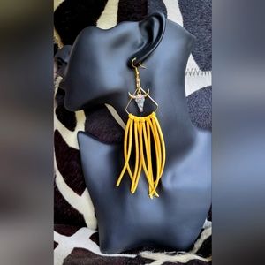 Western style Yellow faux leather fringe earrings w/ gold hoops, floral bullhead